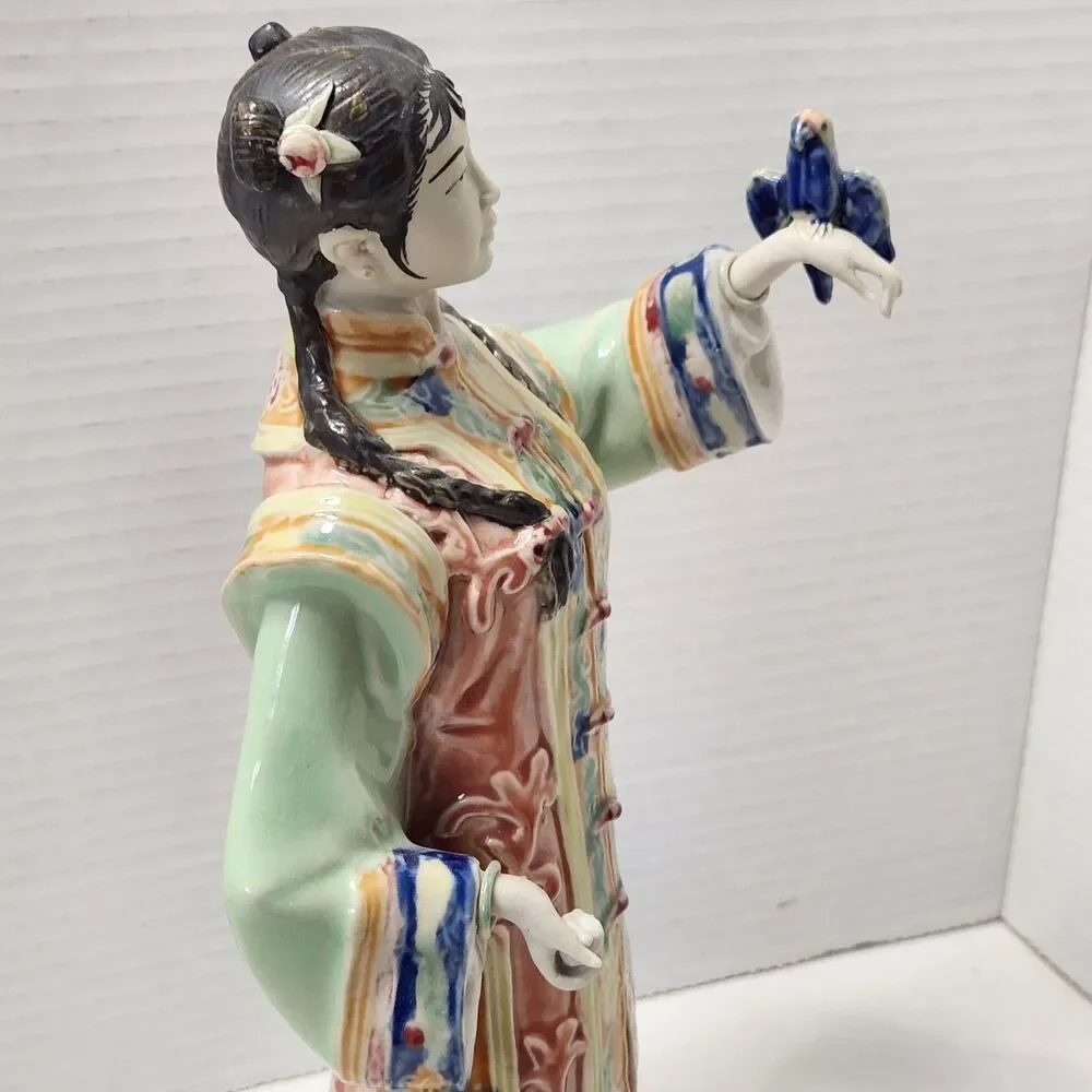 Vintage Chinese Shiwan Porcelain Lady Statue Songbird & Feeding Bowl Figurine